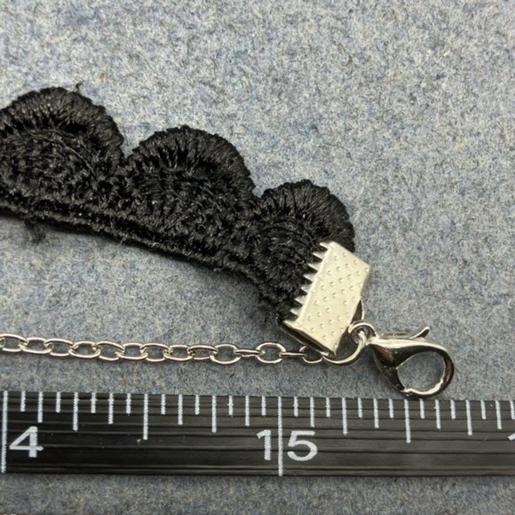 Choker Necklace Black Lace Pink Rhinestone Flower Silver Chain Barbie Retro Glam - Picture 10 of 10